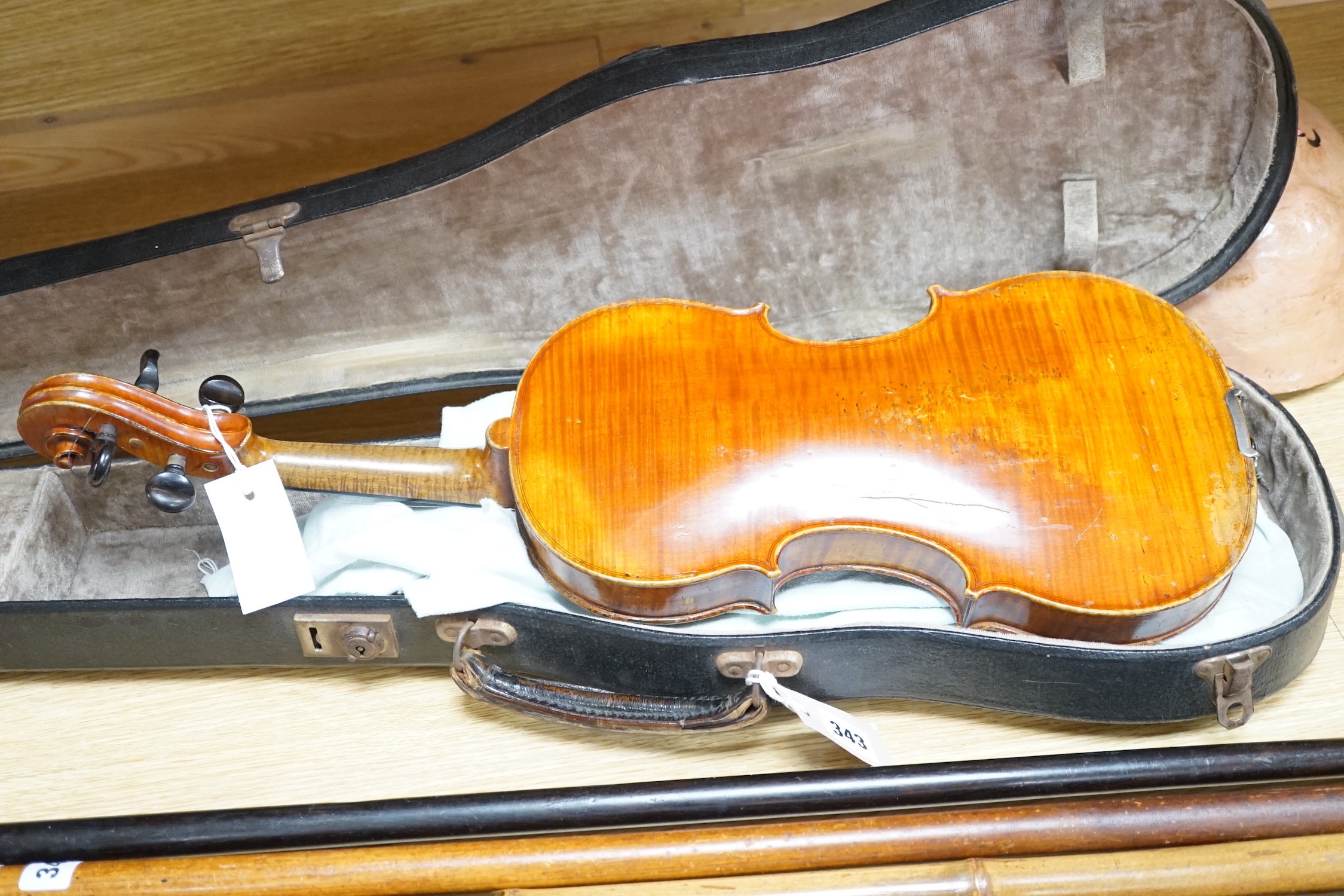 A 19th century French Grandjon school violin, labelled Joseph Guarnerins fecit Cremonae anno 1719 IHS, length of back 35.5 cm (14in.), cased